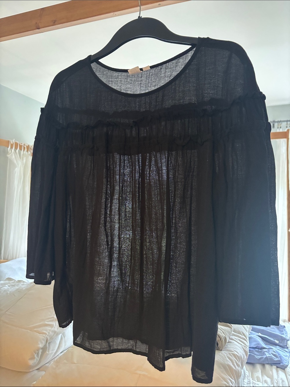 GAP Black Sheer Ruffle Yoke Long Sleeve Blouse